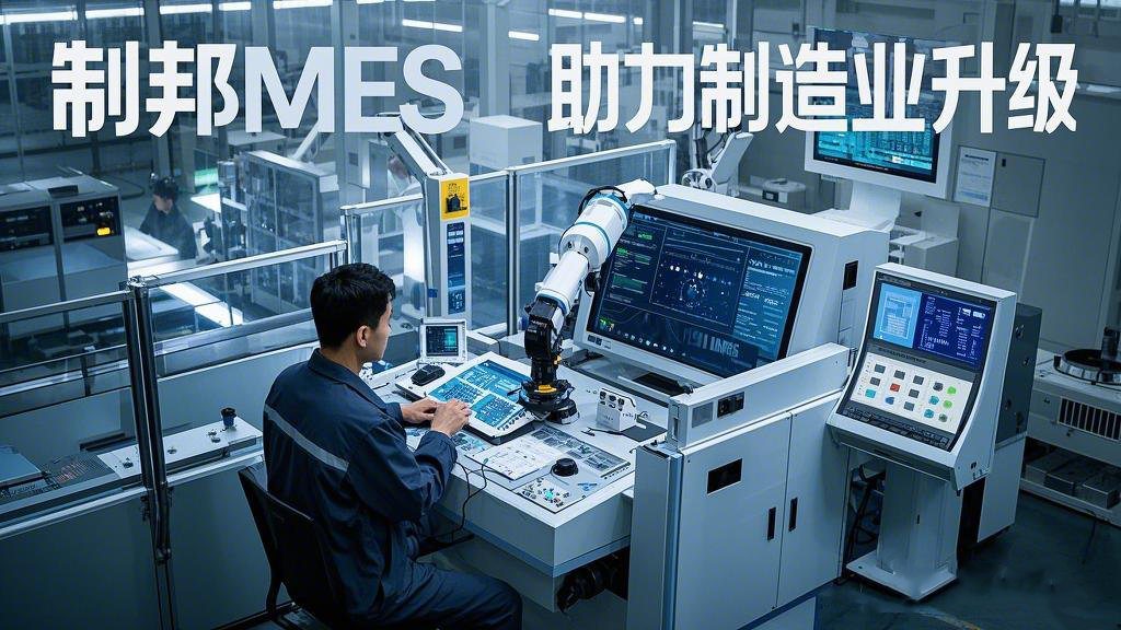 主題為 “制邦MES 助力制造業(yè)升級”。畫面呈現(xiàn)出一個現(xiàn)代化的智能工廠，車間里機械臂有序地工作，在工廠的中控室里，大屏幕上展示著生產(chǎn)數(shù)據(jù)和制邦MES的數(shù)據(jù)分析圖表，一位工程師正在通